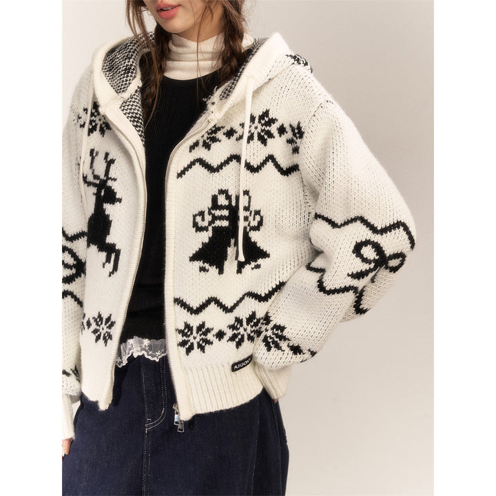 AsGony Fair Isle Moose Jacquard Retro Hooded Knit Cardigan White