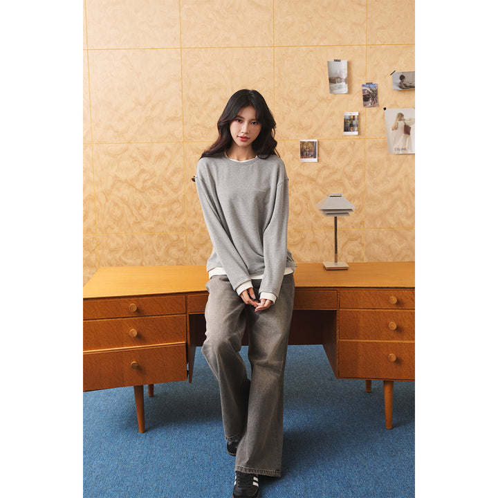 Three Quarters Fake-2-Piece Mousse Cashmere Loose Top Gray