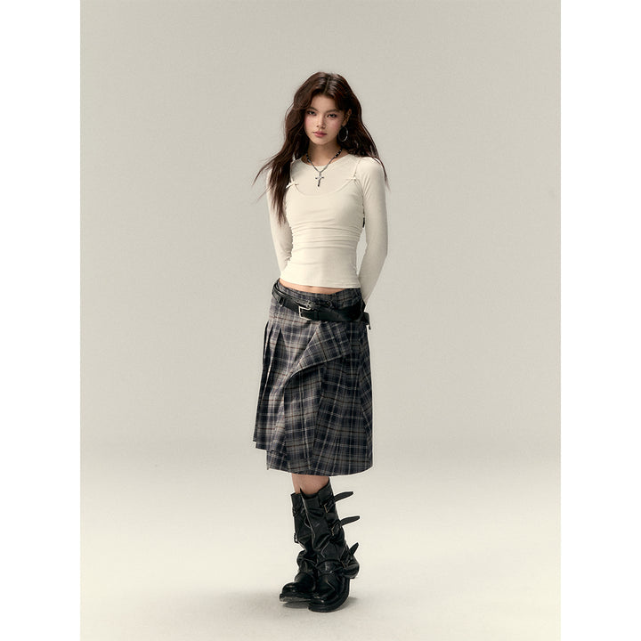 Via Pitti Irregular Plaid Loose Skirt Gray