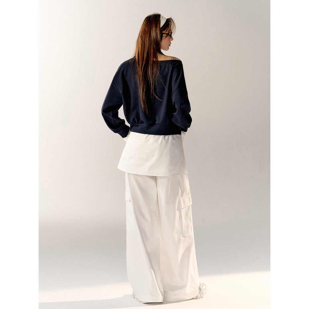 AsGony Fake-2-Piece Wide-Leg Casual Cargo Pants White