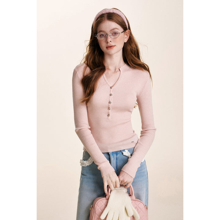 Kroche Rose Button V-Neck Knitted Top Pink