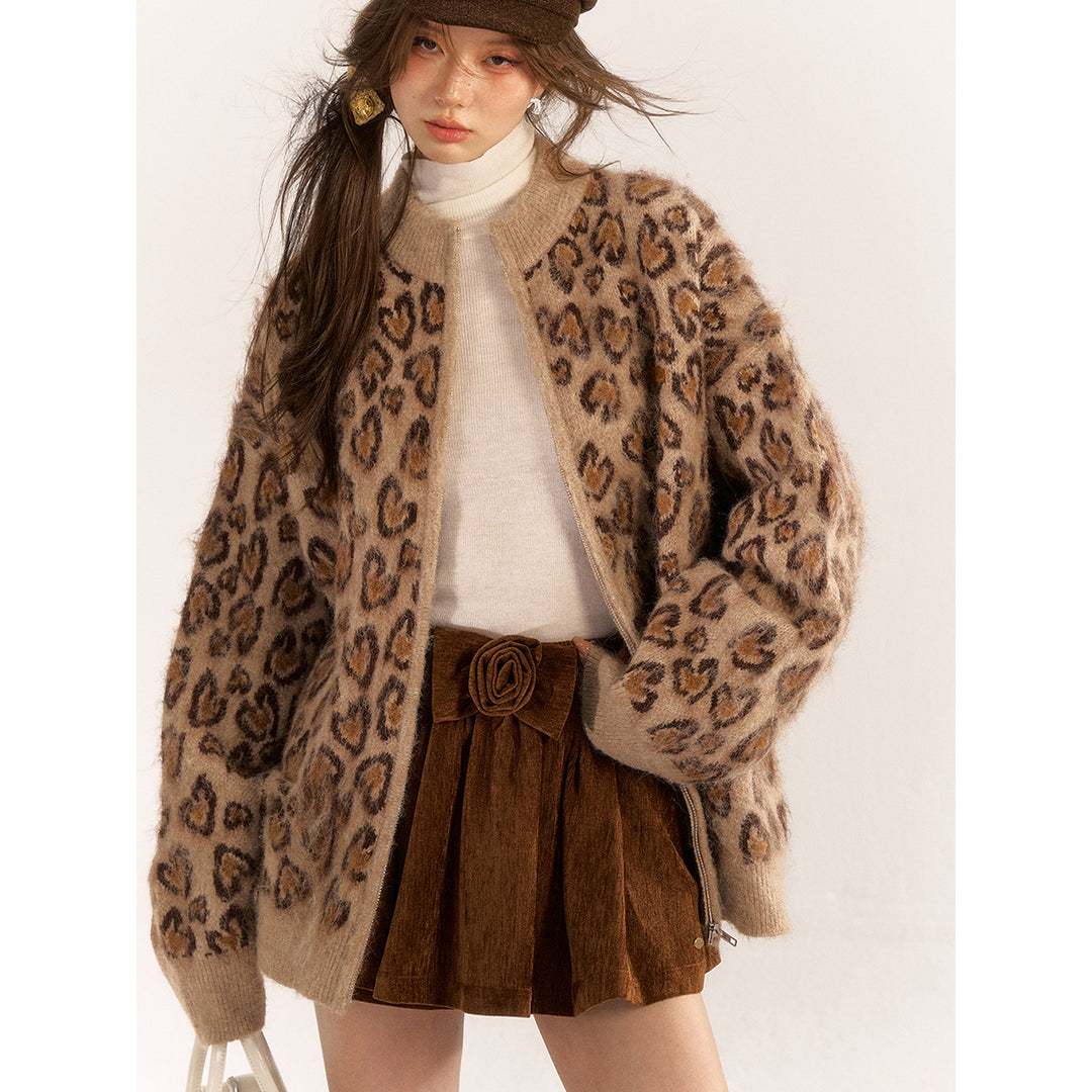 AsGony Blended Woolen Retro Leopard Knit Cardigan Brown