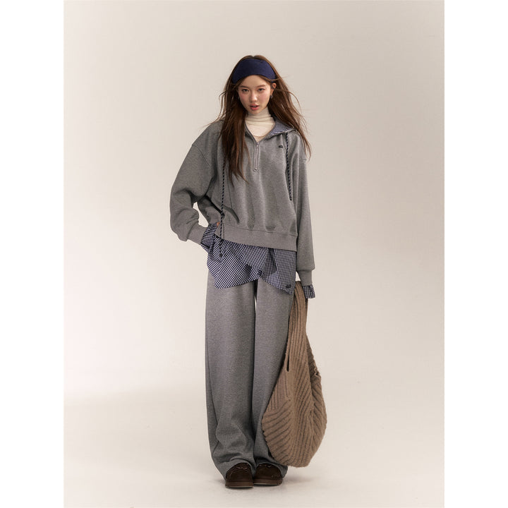 AsGony Fake-2-Piece Plaid Patchwork Casual Sweat Pants Gray