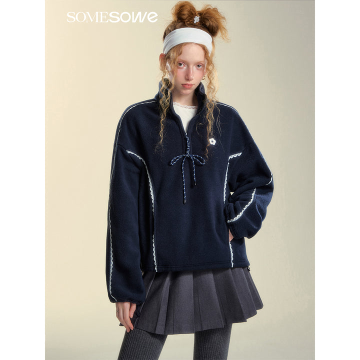 SomeSowe Lace Patchwork Fleece  Sweatshirt Navy Blue