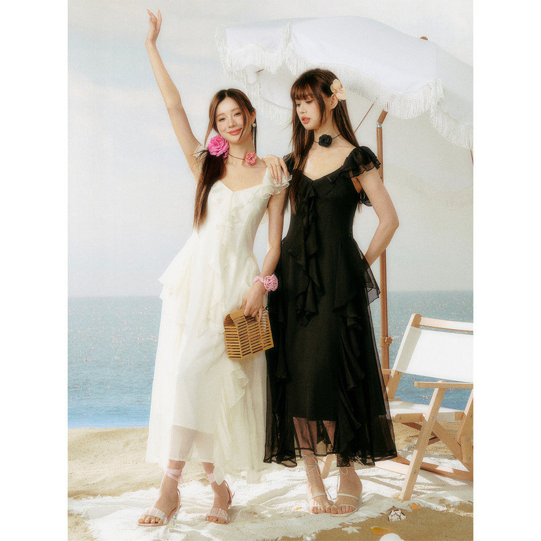 AsGony Ruffled Patchwork Slip Long Dress Black