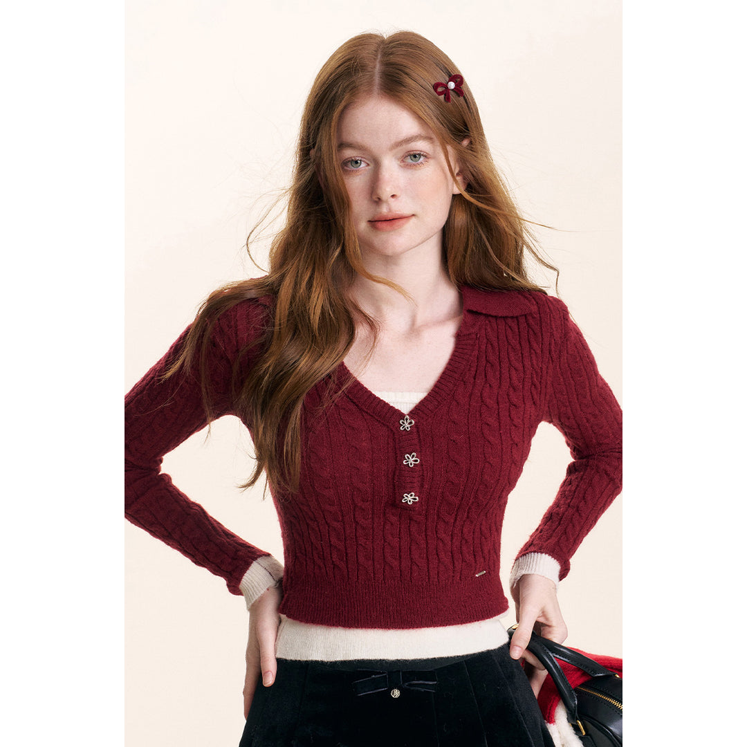 Kroche Fake-2-Piece Lapel V-Neck Knit Top Red