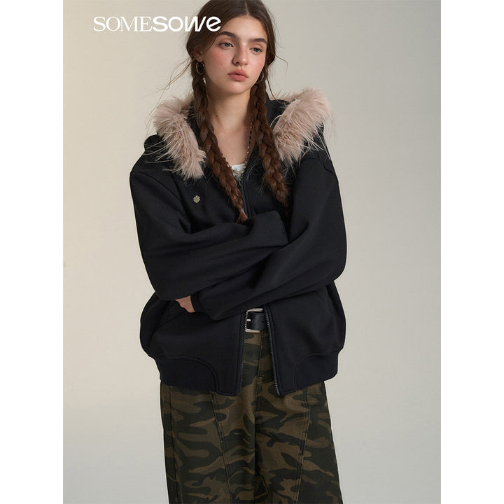 SomeSowe Detachable Fur Collar Hooded Top Jacket Black