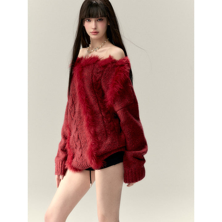 Via Pitti Off Shoulder Fur Integrated Knit Sweater Red