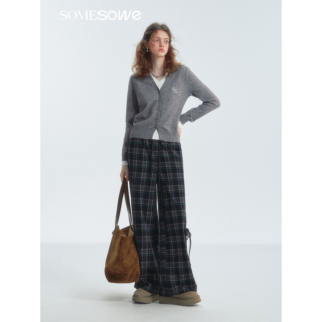 SomeSowe Bow Drawstring Plaid Wide-Leg Pants Blue