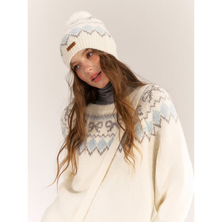 AsGony Fair Isle Hairball Beanie White