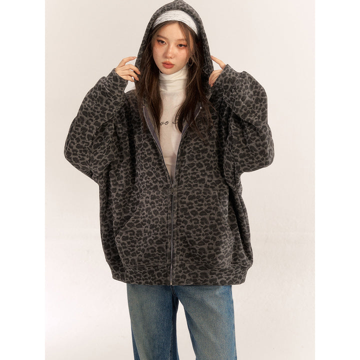 AsGony Leopard Bow Embroidery Hoodie Gray