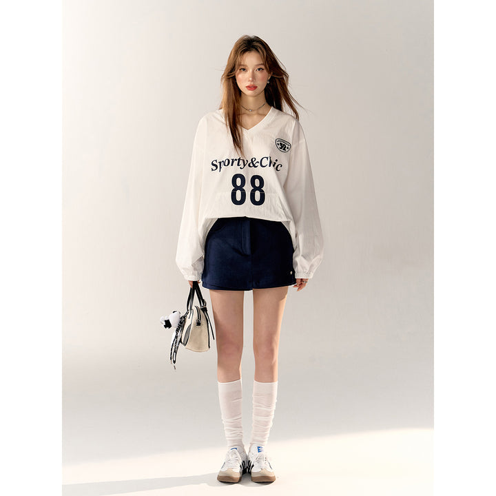 AsGony Letter Printed V-Neck Blokette Jersey Top White