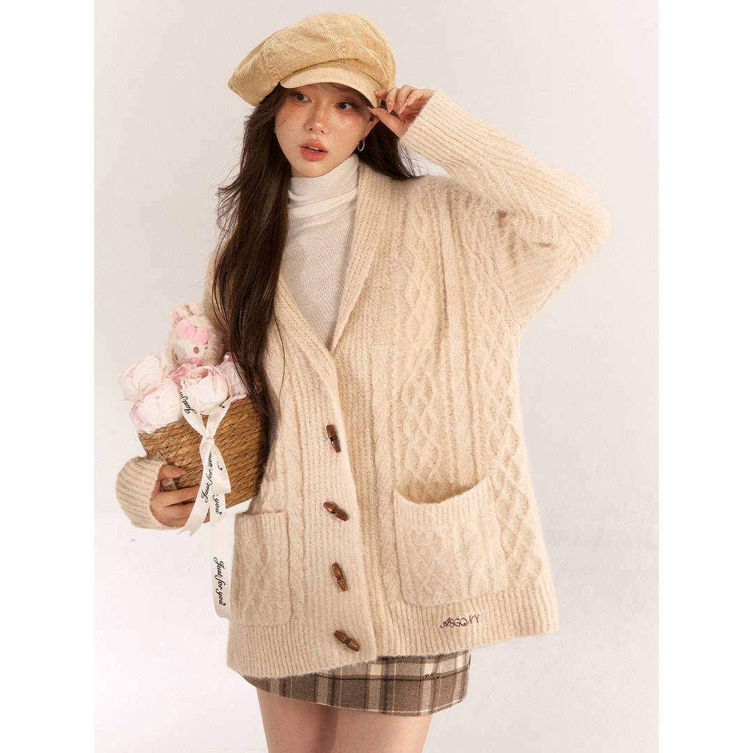 AsGony Blended Woolen Twist Lapel Knit Cardigan Khaki