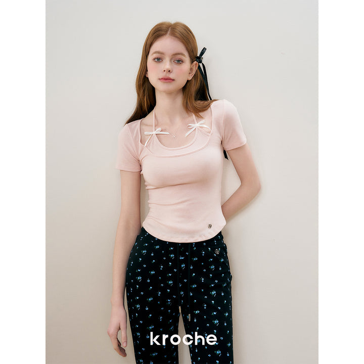 Kroche Fake-2-Piece Halter Bow Short Sleeve Tee Pink