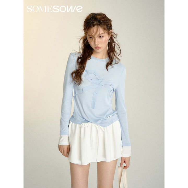 SomeSowe Origami Bow Color Blocked Top Blue