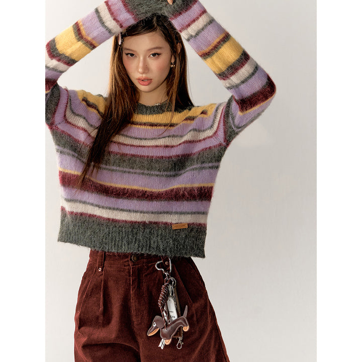 AsGony Contrast Color Striped Knit Sweater Purple