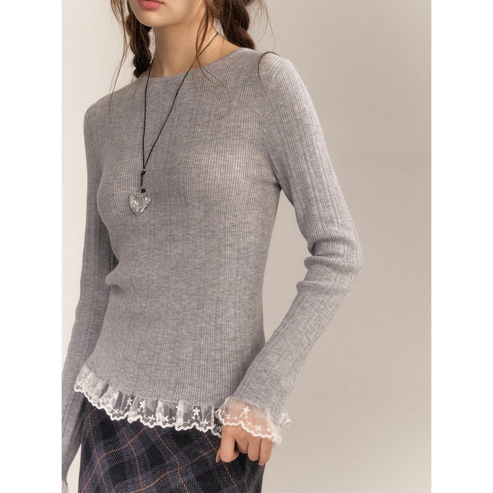 AsGony Blended Woolen Lace Edge Slim Knit Top Gray