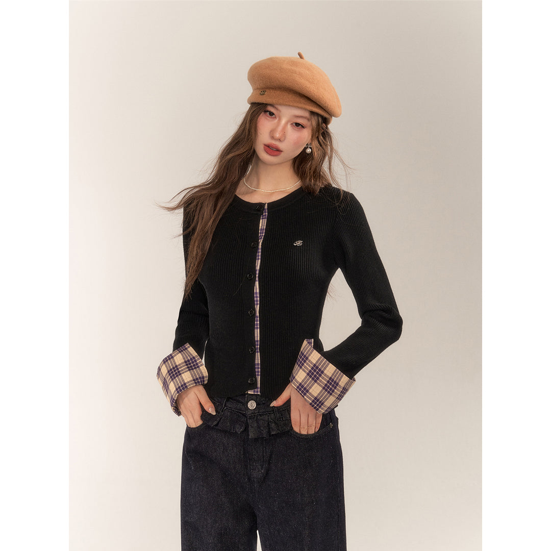 AsGony Retro Plaid Patchwork Slim Knit Cardigan Black