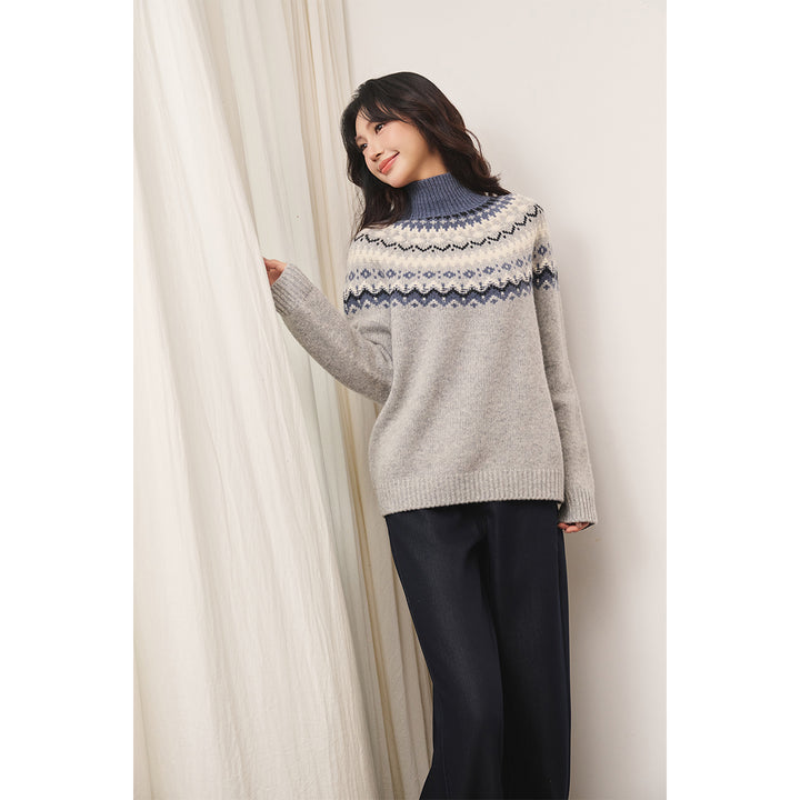 Three Quarters Fair Isle Jacquard Color Contrast High Collar Sweater Gray