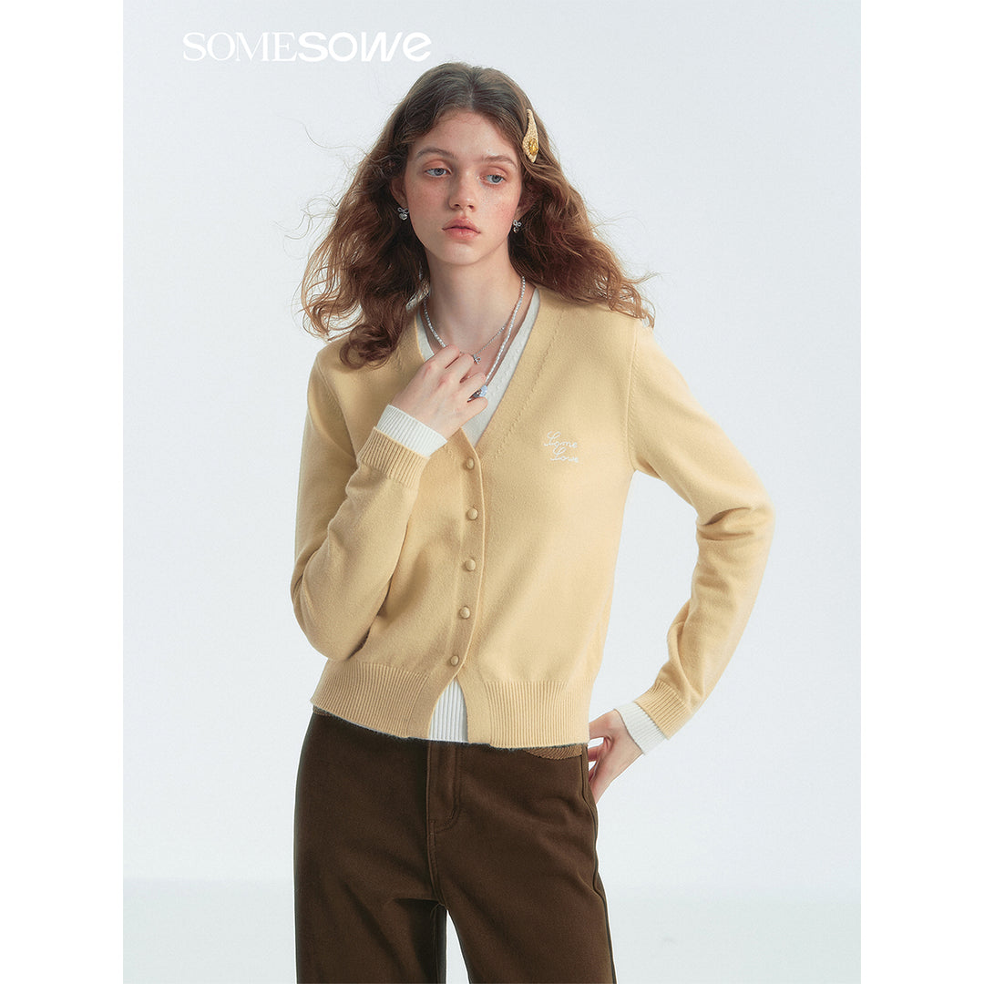 SomeSowe Fake-2-Piece V-Neck Knit Cardigan Yellow