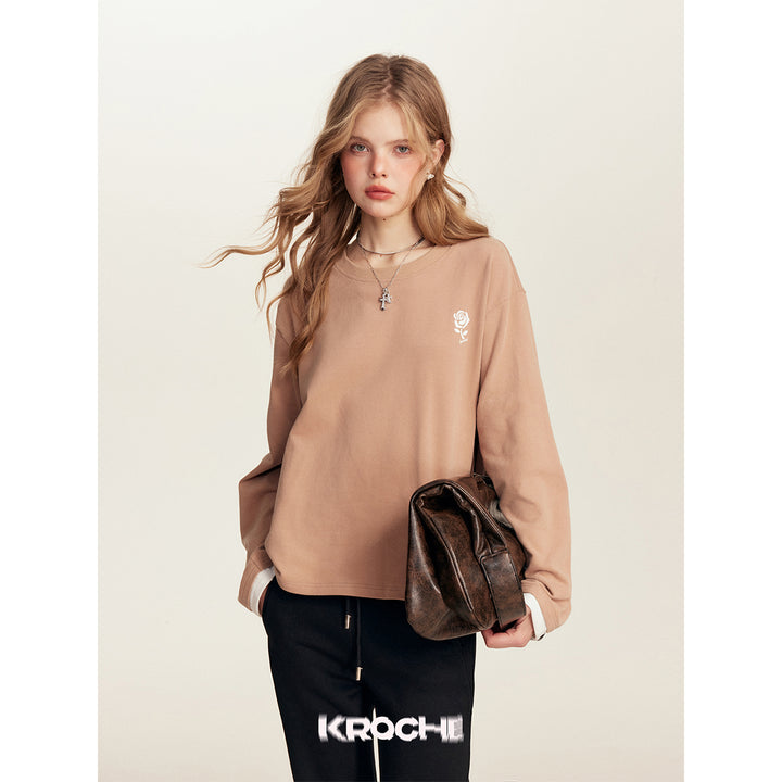 Kroche Color Blocked Rose Embroidery Top Khaki