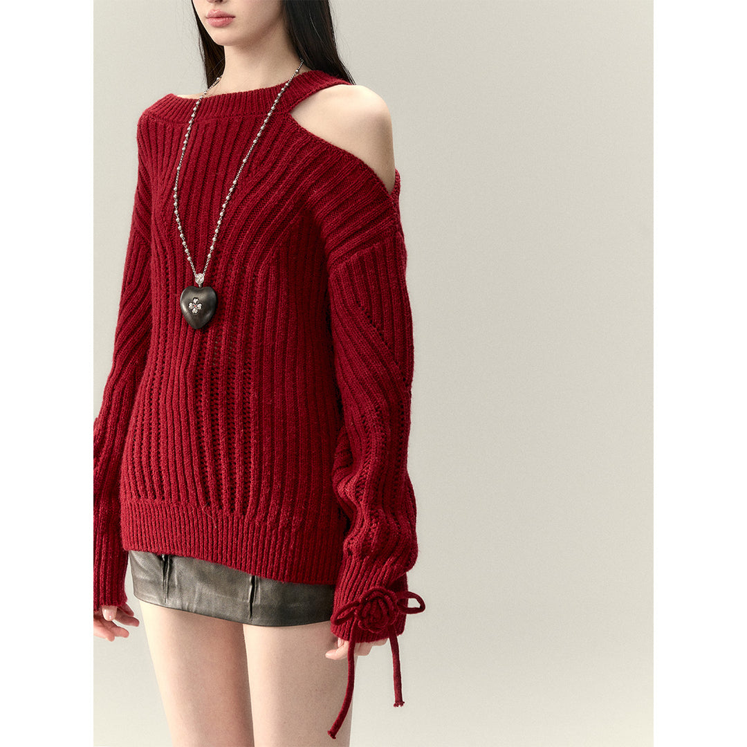 Via Pitti Rose Bow Irregular Collar Two-Way Sweater Red