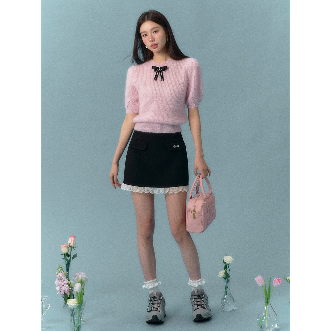 AsGony Bow Knot Short Sleeved Knit Top Pink