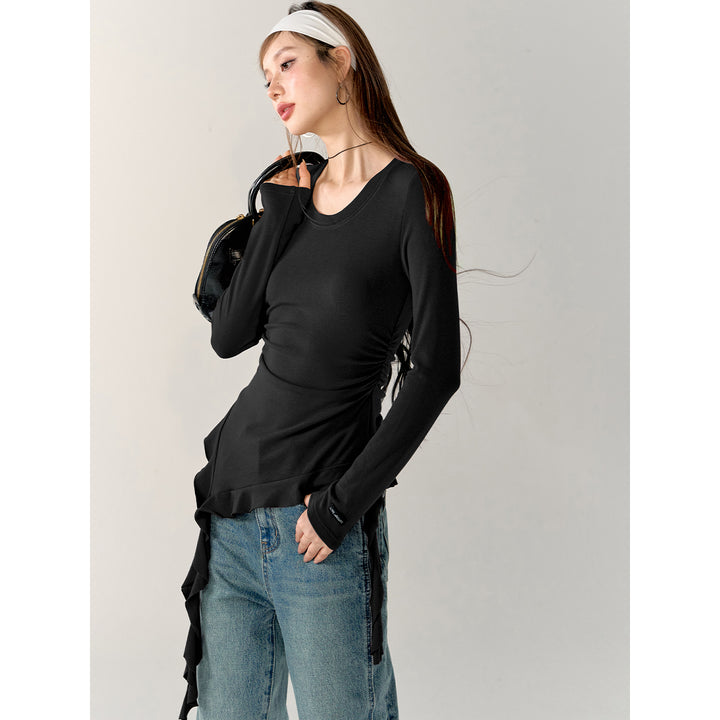 AsGony Irregular Ribbon Waisting Slim Top Black