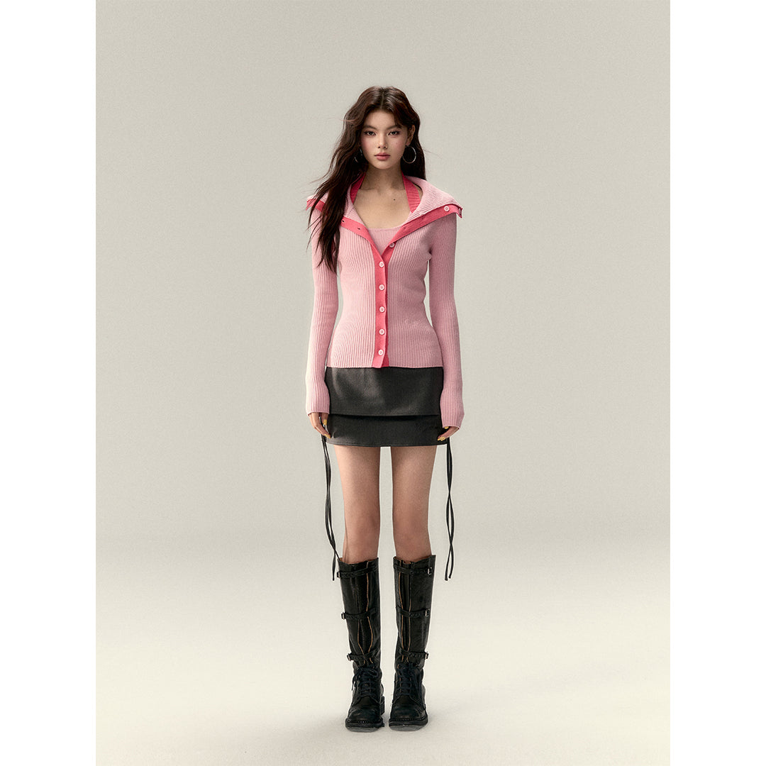 Via Pitti Color Blocked Big Lapel Knit Slim Cardigan Pink