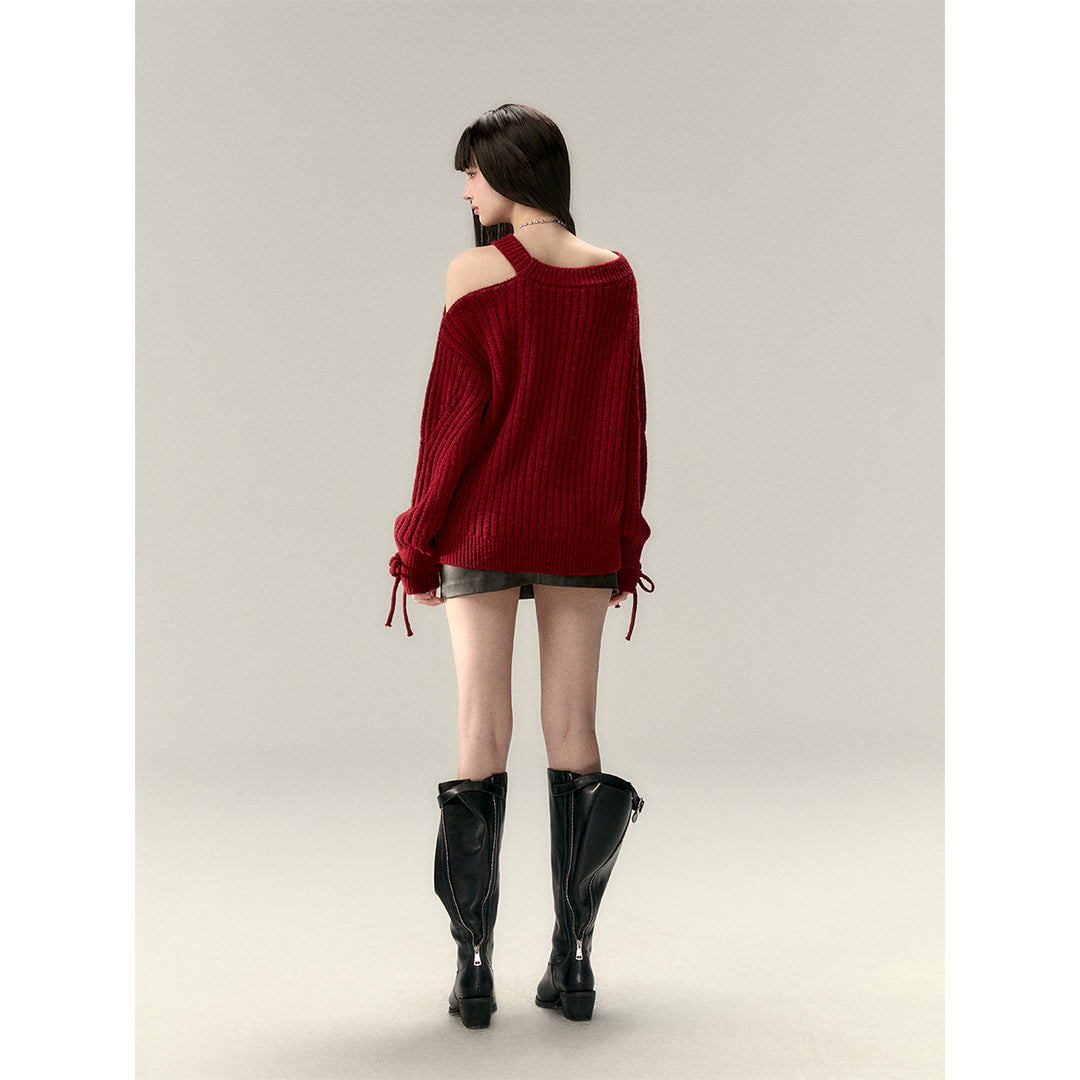 Via Pitti Rose Bow Irregular Collar Two-Way Sweater Red