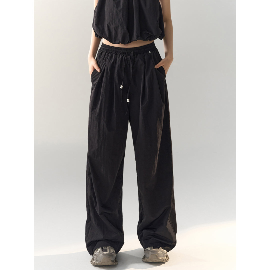 AsGony High Waist Drawstring Wide Leg Pants Black