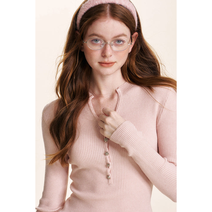 Kroche Rose Button V-Neck Knitted Top Pink