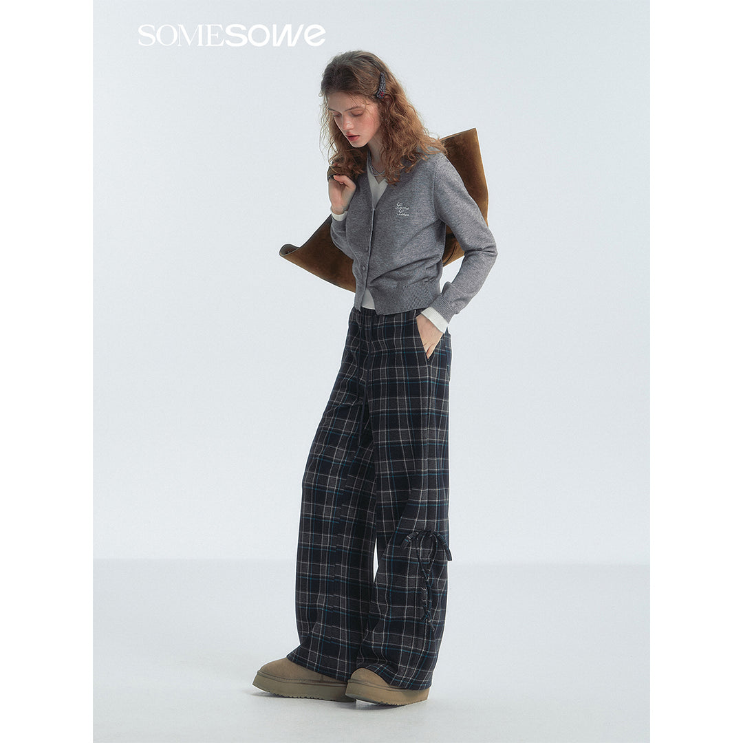 SomeSowe Bow Drawstring Plaid Wide-Leg Pants Blue