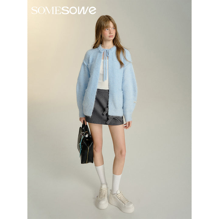 SomeSowe Silhouette Lace Up Furry Cardigan Blue