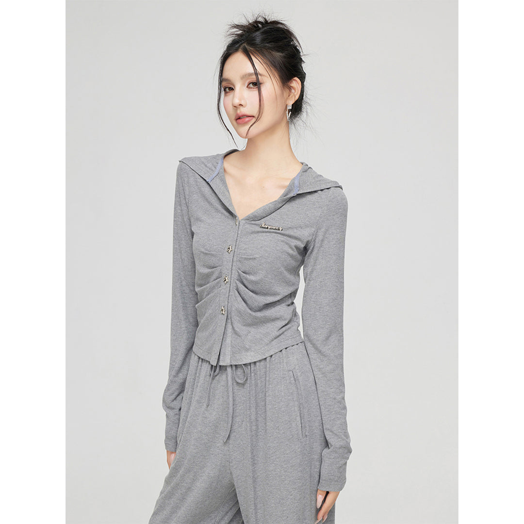 MacyMccoy Pleated Draped Knit Short Top And Wide-Leg Pants Set Gray