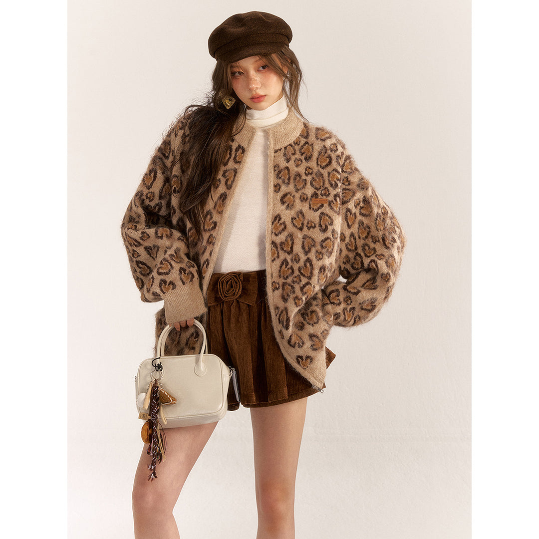 AsGony Blended Woolen Retro Leopard Knit Cardigan Brown