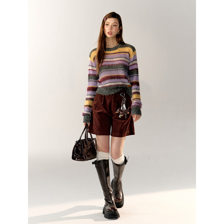 AsGony Contrast Color Striped Knit Sweater Purple