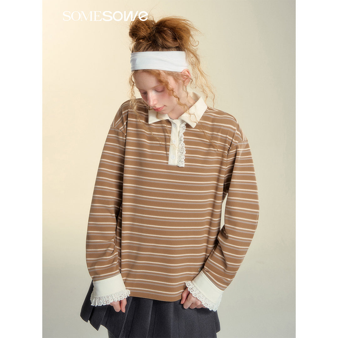 SomeSowe Lace Edge Striped Long Sleeve Polo Top Brown