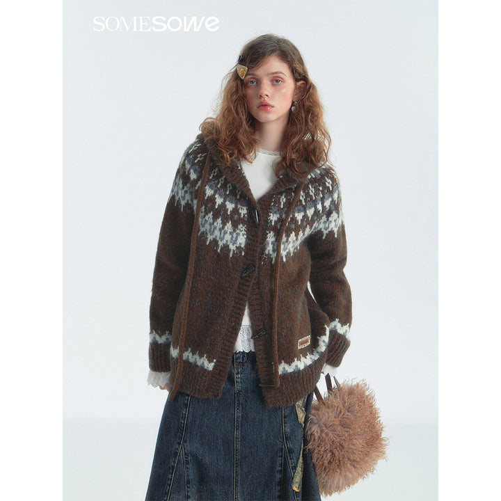 SomeSowe Fair Isle Hooded Knit Cardigan Brown