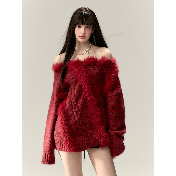 Via Pitti Off Shoulder Fur Integrated Knit Sweater Red