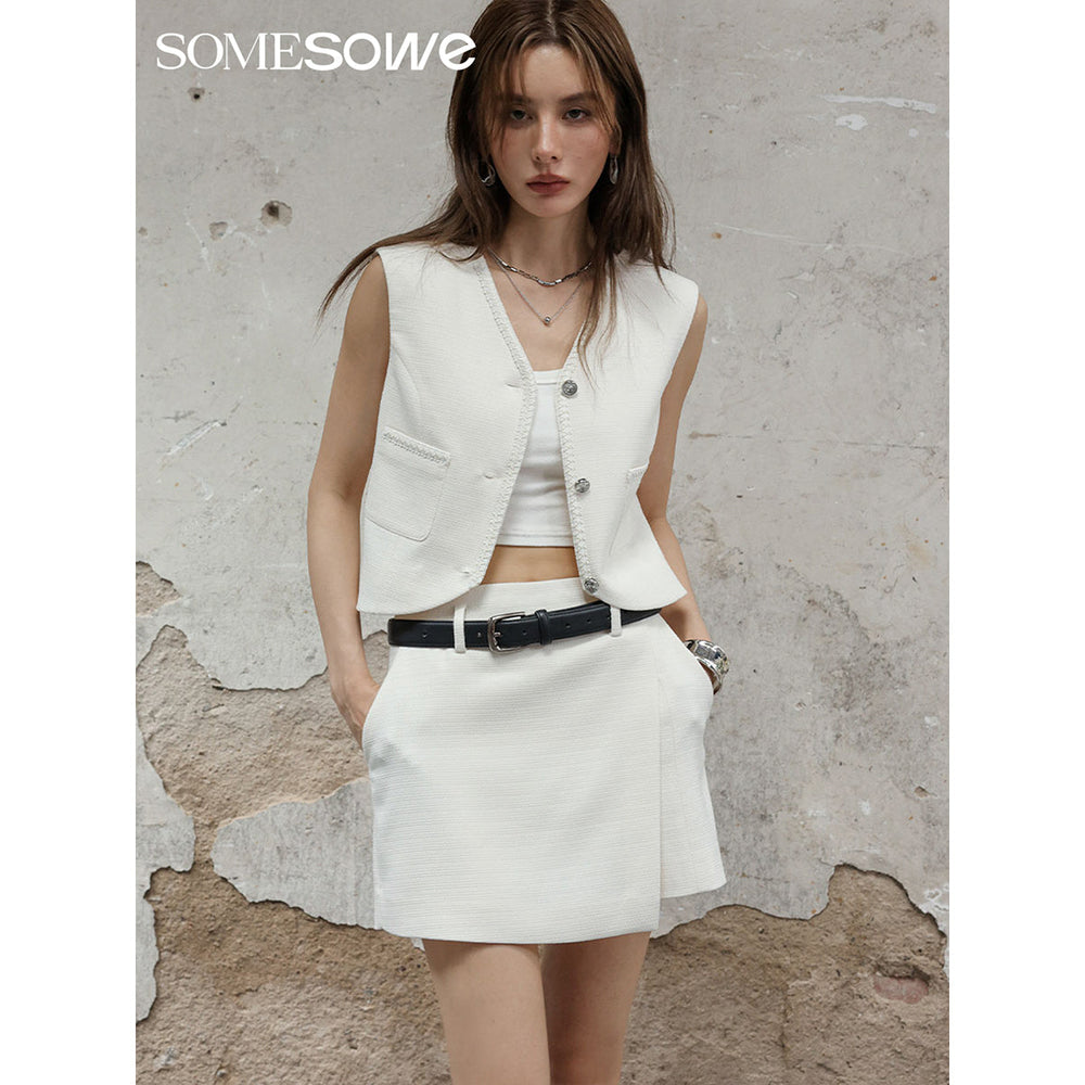 SomeSowe V-Neck Suit Vest & Irregular Skirt Shorts Set White - Mores Studio