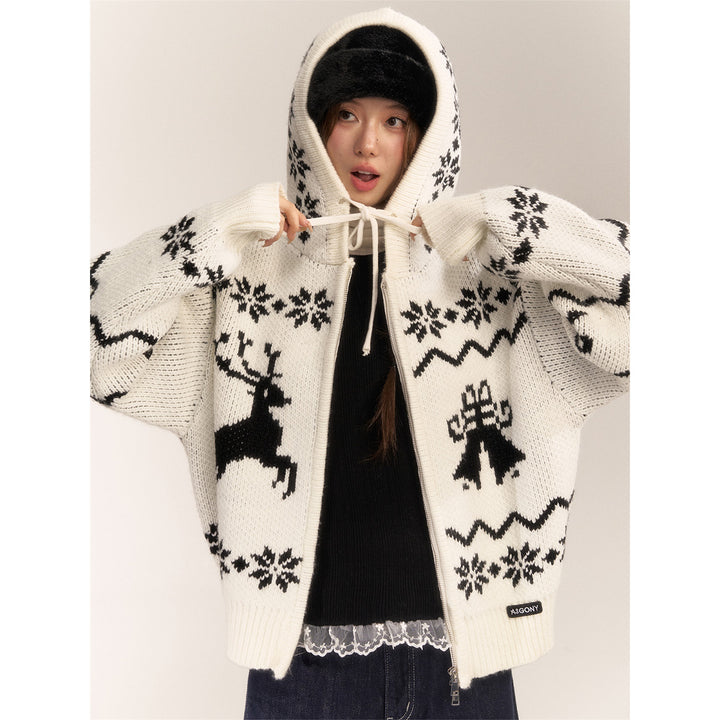 AsGony Fair Isle Moose Jacquard Retro Hooded Knit Cardigan White