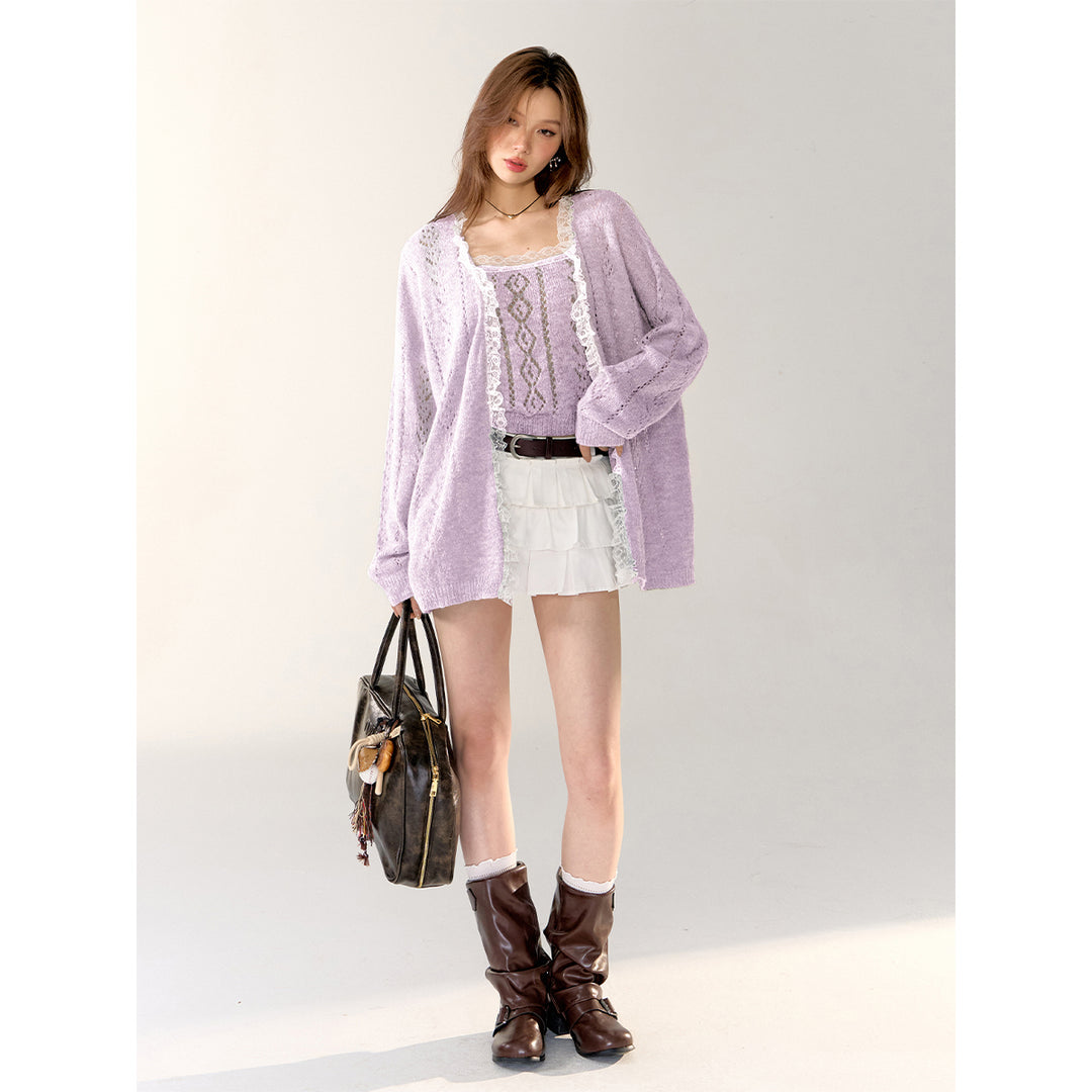 AsGony Lace Edge Hollow Cutting Knit Cardigan Purple