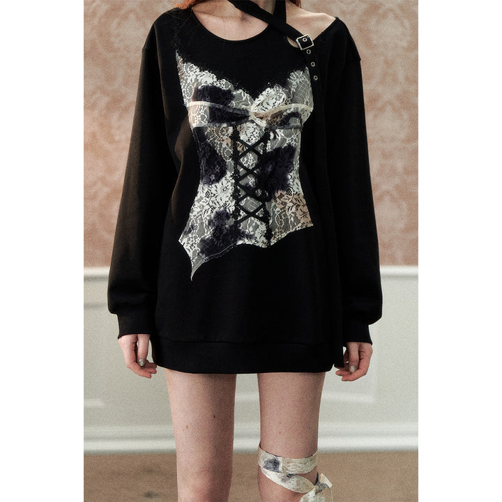 Via Pitti Special Lace Patchwork Off Shoulder Sweater Black