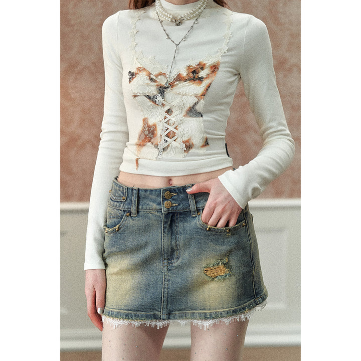 Via Pitti Color Blocked 3D Lace Patchwork Top White