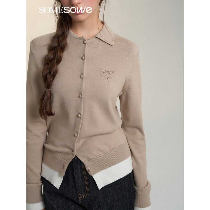 SomeSowe Fake-2-Piece Bow Knit Polo Cardigan Khaki