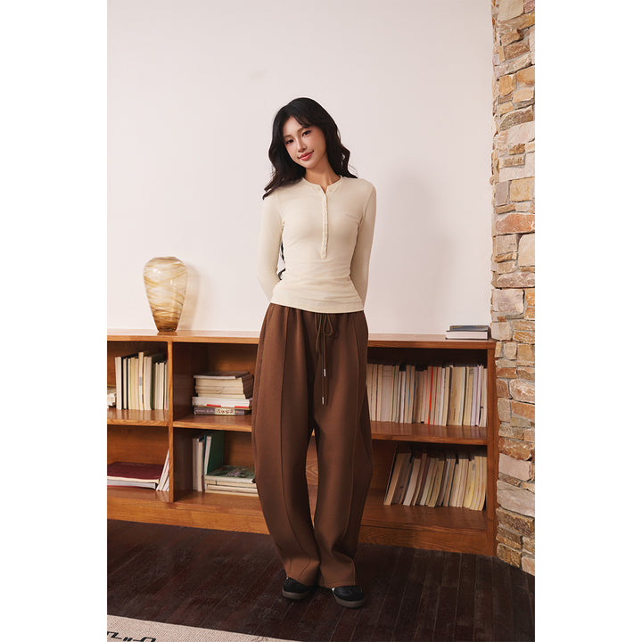 Three Quarters Stretch Loose Fleece-Lined Sweatpants Brown