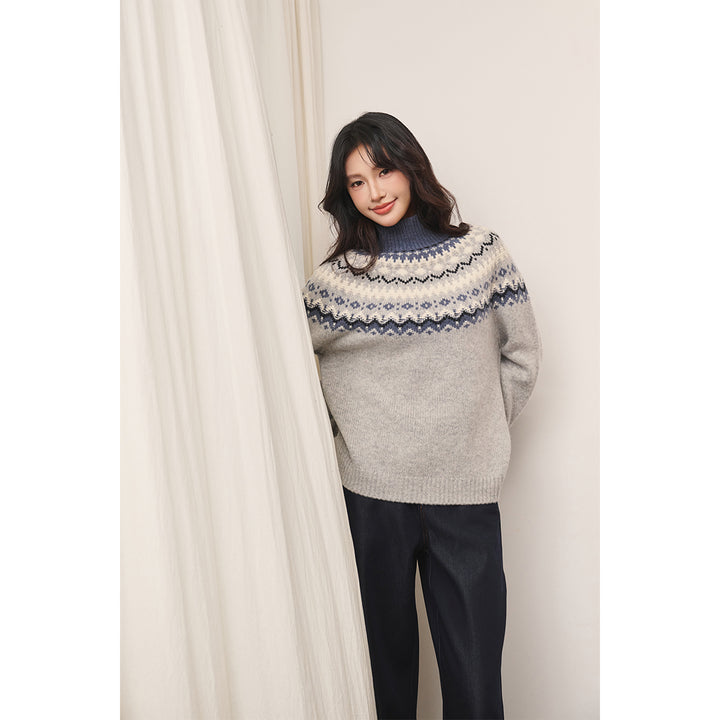 Three Quarters Fair Isle Jacquard Color Contrast High Collar Sweater Gray