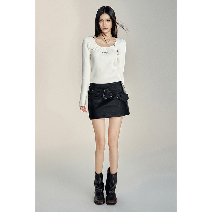 MacyMccoy Retro High-Waist Belt Leather Skirt Black