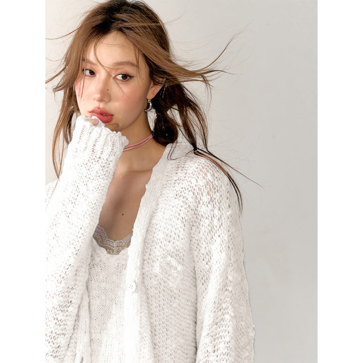 AsGony Lace Patchwork Knit Cardigan White